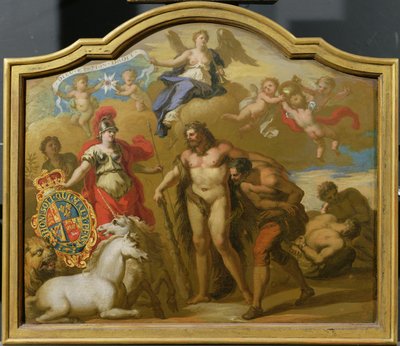 Alegorie moci Velké Británie po zemi, návrh dekorativního panelu pro slavnostní kočár Jiřího I., kolem roku 1718 (olej na panelu) od James (attr. to) Thornhill