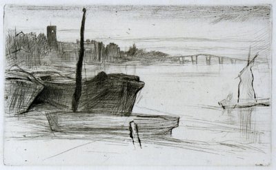 Chelsea Bridge a kostel od James Abbott McNeill Whistler