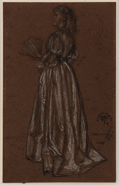 Stojící postava s vějířem, asi 1873/1876 (černobílá křída na hnědém papíře) od James Abbott McNeill Whistler