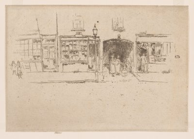 Holičství, Chelsea, asi 1886-88 (lept; tuš na papíře) od James Abbott McNeill Whistler