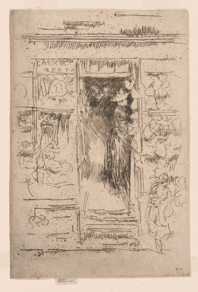 Obchod s čepicemi, asi 1884-86 (lept; tuš na papíře) od James Abbott McNeill Whistler