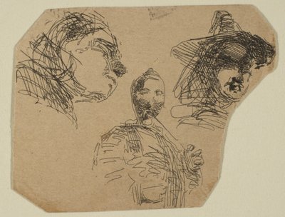 Dvě ženské hlavy a stojící postava ze skic na desce Coast Survey Plate, 1854-55. od James Abbott McNeill Whistler