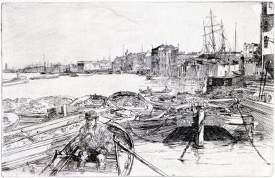 Pohled na Temži nad Londýnskou kotlinou (Anglie) z roku 1859 patří do série rytin Temže, která upozorňuje na společenství námořních dělníků v anglickém hlavním městě. od James Abbott McNeill Whistler