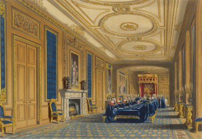 Trůnní sál, hrad Windsor - Instalace řádu podvazku, 1838 od James Baker after Pyne