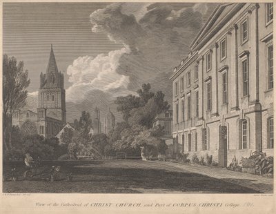 Pohled na katedrálu Christ Church a část Corpus Christi College od James Basire