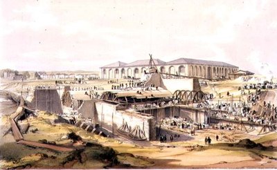Building the Stationary Engine House, Camden Town, 28. dubna 1837, vyryto umělcem od James Bourne