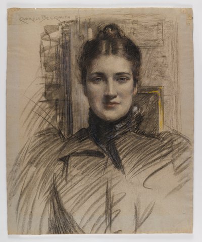 Portrét Minnie Clark, 90. léta 19. století (uhl s barevnou tužkou nebo pastelem na šedomodrém položeném papíře) od James Carroll Beckwith