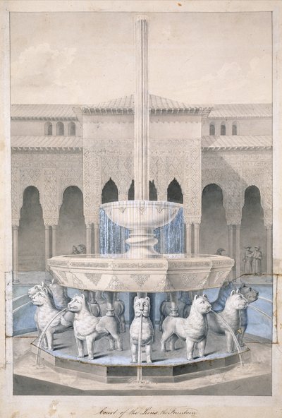 Fontána na dvoře lvů, Alhambra, z Arabských starožitností Španělska, vydané 1815 (ručně kolorovaná rytina) od James Cavanagh Murphy