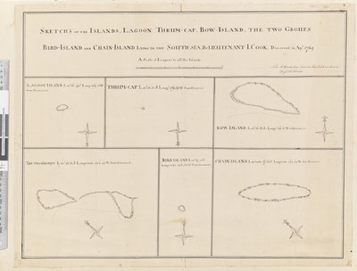 iii. Náčrtky ostrovů Laguna, Thrum-Cap, Bow-Island, Dvě skupiny, Bird Island a Chain Island, ležící na jihu, moře... objeveno v Apl 1769 od James Cook