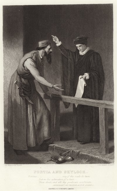 Portia a Shylock, kupec benátský, dějství IV, scéna I od James Dawson Watson