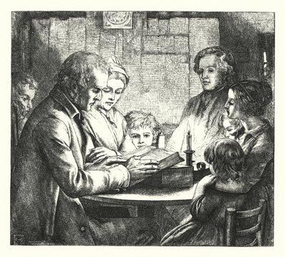 Scéna ve skotské chatě od James Dawson Watson