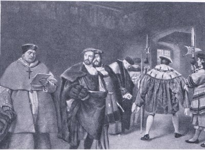 Propuštění kardinála Wolseyho králem Jindřichem VIII., z Cassells History of the British People vydané Waverley Book Company, kolem 50. let 20. století od James Dromgole Linton