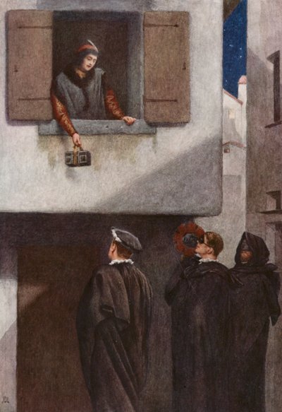 Shakespearův Kupec benátský: (barevná litografie): Jessica, Lorenzo, Gratiano a Salarino (barevná litografie) od James Dromgole Linton