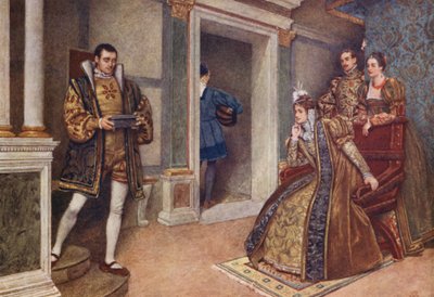 Shakespearův Kupec benátský: Portia, Bassanio, Nerissa a Gratiano (barevná litografie) od James Dromgole Linton