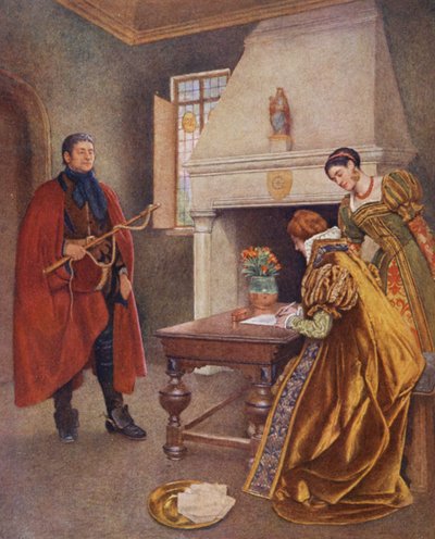 Shakespearův Kupec benátský: Portia, Nerissa a Baltazar (barevná litografie) od James Dromgole Linton