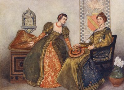 Shakespearův Kupec benátský: Portia a Nerissa (barevná litografie) od James Dromgole Linton