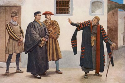 Shakespearův Kupec benátský: (barevná litografie): Shylock, Antonio, Salarino a Gaoler (barevná litografie) od James Dromgole Linton