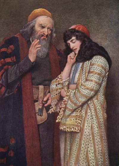 Shakespearův Kupec benátský: Shylock a Jessica (barevná litografie) od James Dromgole Linton