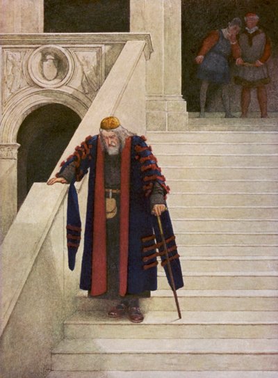 Shakespearův Kupec benátský: Shylock opouští vévodský palác (barevná litografie) od James Dromgole Linton