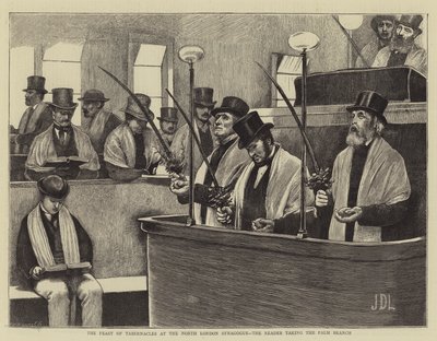 Svátek stánků v severolondýnské synagoze, čtenář bere palmovou ratolest od James Dromgole Linton