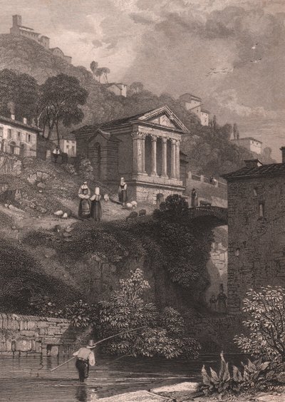 Näkymä Clitumnuksen temppelistä Clitunno-joen varrella lähellä Campello sul Clitunnoa, Umbria, Italia, Jordanin teräskaiverrus James Duffield Hardingin (1798-1863) piirtämänä, noin 10, 5x15 cm od James Duffield Harding