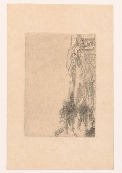Postavy jdou k bráně s masem a rybami Menu pro Charles Vos od James Ensor