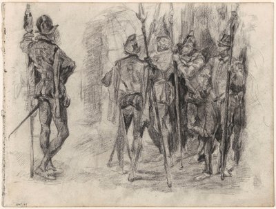 Skici postav a pěti španělských vojáků s kopími od James Ensor