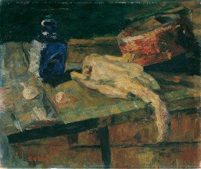 Zátiší s modrou lahví a oškubaným kuřetem od James Ensor
