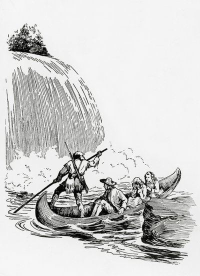 Hlavní postavy na kánoi u vodopádu, ilustrace k Poslednímu Mohykánovi James Fenimore Cooper, Principato Editore, Milán od James Fenimore Cooper