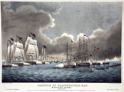Battle of the Plattsburg Bay: McDonough’s Victory, pub. 1840 (ručně kolorovaná rytina) od James Fuller Queen