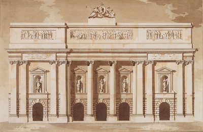 Elevation for the West Front of Parliament House, Dublin, cca 1787 (pero a štětec s hnědou tuší a čb na křídovém papíře) od James Gandon