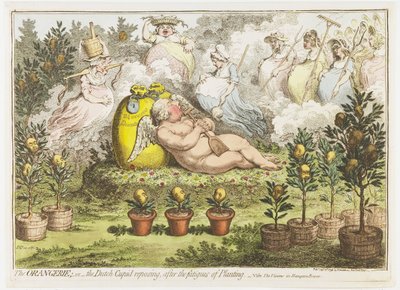 Oranžérie: Holandský Cupid odpočívající od úborů z výsadby, 1796 Oranžerie; nebo holandský Cupid odpočívající po maskách Plantingu (název na objektu) od James Gillray (signed by artist)