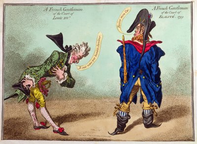 Francouzský gentleman ze dvora Ludvíka XVI. a francouzský gentleman ze dvora rovnostářského, vydáno v roce 1799 (ručně kolorovaný lept) od James Gillray