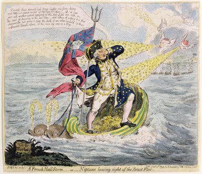 Francouzská krupobití, aneb Neptun ztrácející z dohledu Brestskou flotilu, publikovala Hannah Humphrey v roce 1793 (ručně kolorovaný lept) od James Gillray