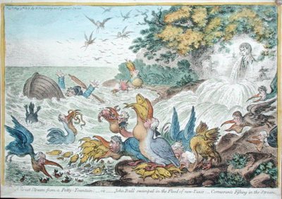 Velká bouře z Petty-Fountain aneb John Bull zaplavený v záplavě nových daní: Kormoráni loví v proudu, kterou vydala Hannah Humphrey v roce 1806 (ručně kolorovaný lept) od James Gillray