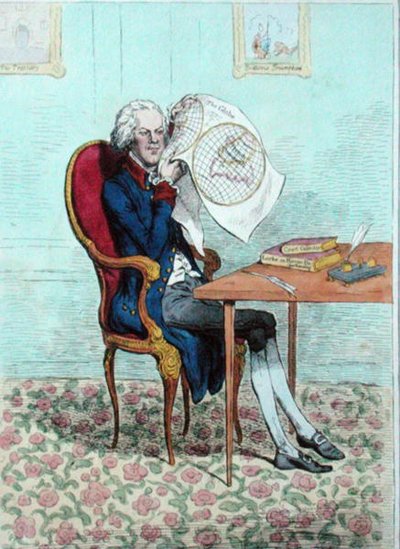 Bystrozraký politik zjišťující britské výboje, publikoval Hannah Humphrey v roce 1795 (ručně kolorovaný lept) od James Gillray