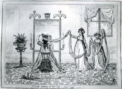 Dáma si nasazuje klobouk, 1795 od James Gillray