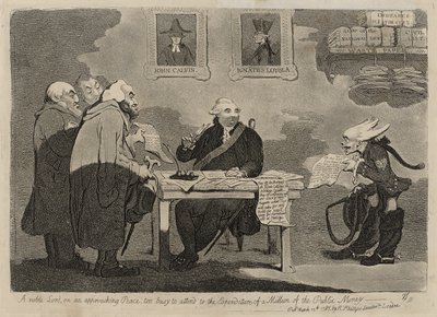 Vznešený lord na přibližujícím se míru je příliš zaneprázdněn, aby se postaral o vydání milionu veřejných peněz [verso] od James Gillray