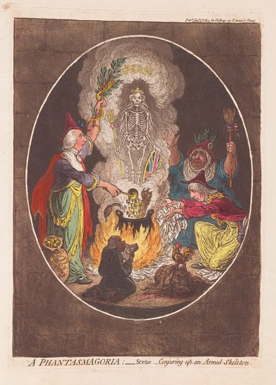 A Phantasmagoria: Scene - Vykouzlení ozbrojeného kostlivce, hospoda. 1803 (ručně kolorovaná rytina) od James Gillray