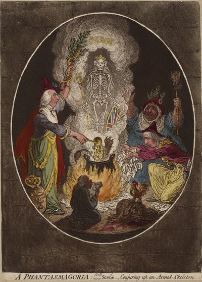 Phantasmagorie; - Scéna - Conjuring-up an Armed-Skeleton., leden 5,1803 (ručně kolorovaný lept a akvatinta na tkaném papíře) od James Gillray