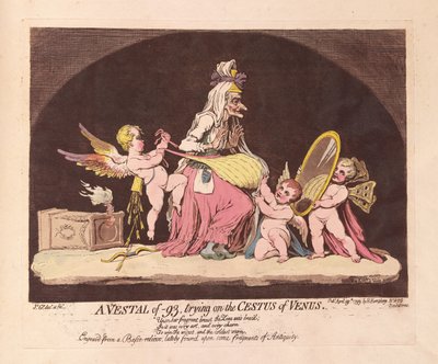 Vestálka z roku -93, která se pokouší o Venušin Cestus, pub. 1793 (ručně kolorovaná rytina) od James Gillray