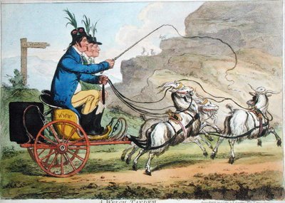 A Welch Tandem, vydané Hannah Humphrey v roce 1803 (ručně kolorovaný lept) od James Gillray