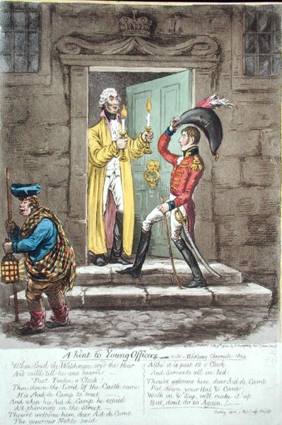 Hint to Young Officers, publikovala Hannah Humphrey v roce 1804 (ručně kolorovaný lept) od James Gillray