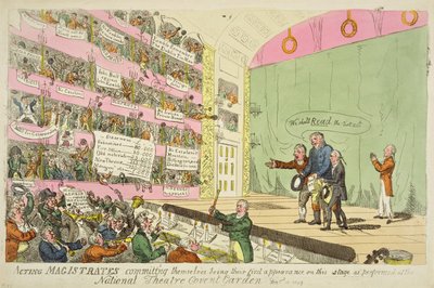 Hrající smírčí soudci se zavazují a jsou jejich prvním vystoupením v Národním divadle v Covent Garden od James Gillray