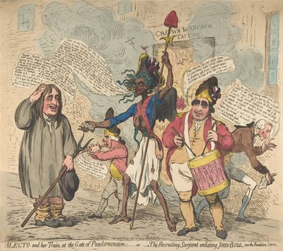 Alecto a její vlak, u brány Pandaemonia:-or-The Recruiting Sarjeant Enli..., 4. července 1791. od James Gillray