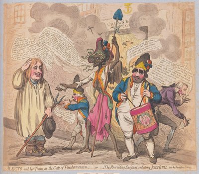 Alecto a její vlak u brány Pandaemonia aneb The Recruiting Sarjeant zajímající Johna Bulla do Revolution Service, hospoda. (ručně kolorovaná rytina) od James Gillray