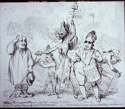 Alecto a její vlak u brány Pandemonium aneb The Recruiting Serjeant, který získává Johna Bulla do Revolution Service, vydaný S.W. Fores v roce 1791 (lept) od James Gillray