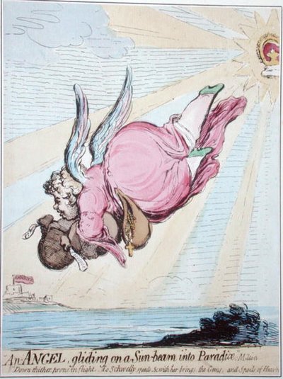 Anděl klouzající po slunečním paprsku do ráje (ručně kolorovaný lept) od James Gillray
