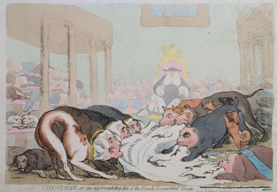 Anticipation, aneb Blížící se osud francouzské obchodní smlouvy, publikoval W. Holland v roce 1786 (ručně kolorovaný lept) od James Gillray