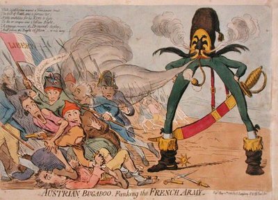 Rakouský Bugaboo útočí na francouzskou armádu, publikoval Hannah Humphrey v roce 1795 (ručně kolorovaný lept) od James Gillray
